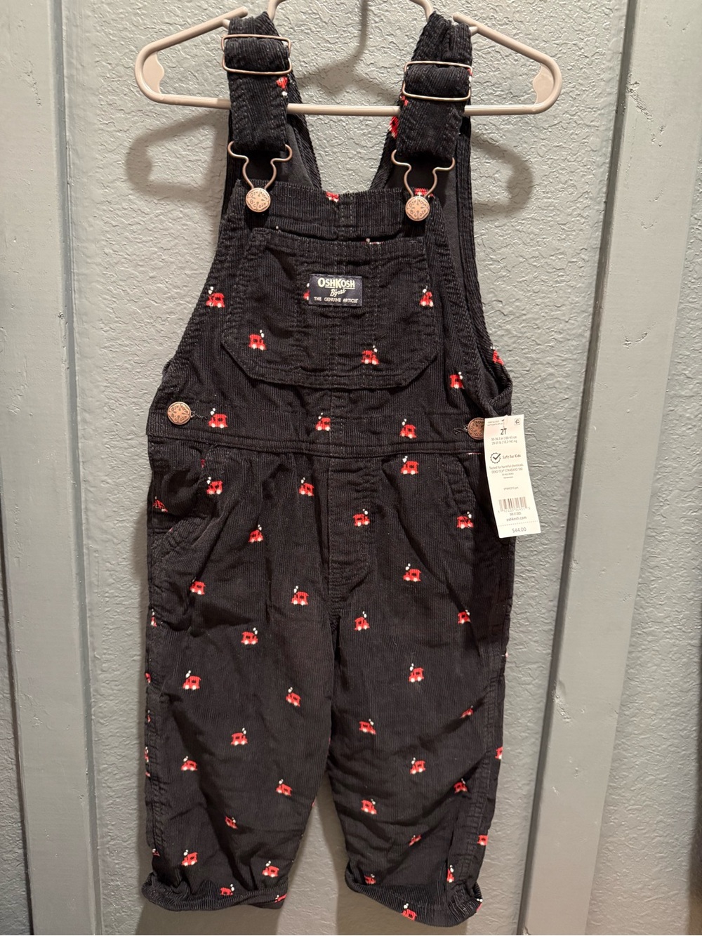 NWT OshKosh B'gosh Holiday Black Corduroy Overalls with Red Trains 2T